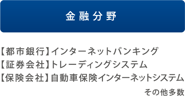 金融分野 【都市銀行】インターネットバンキング【証券会社】トレーディングシステム【保険会社】自動車保険インターネットシステム その他多数