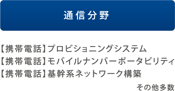 通信分野 【携帯電話】プロビショニングシステム【携帯電話】モバイルナンバーポータビリティ【携帯電話】基幹系ネットワーク構築 その他多数