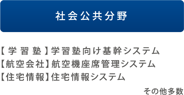 社会公共分野 【学習塾】学習塾向け基幹システム【航空会社】航空機座席管理システム【住宅情報】住宅情報システム その他多数
